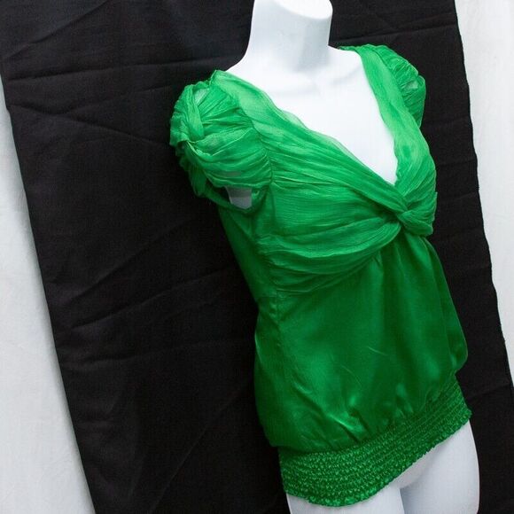 Bebe Vintage Y2K Trendy Green Satin V Neck Short Sleeve Top XS Elastic Waist - Picture 5 of 6